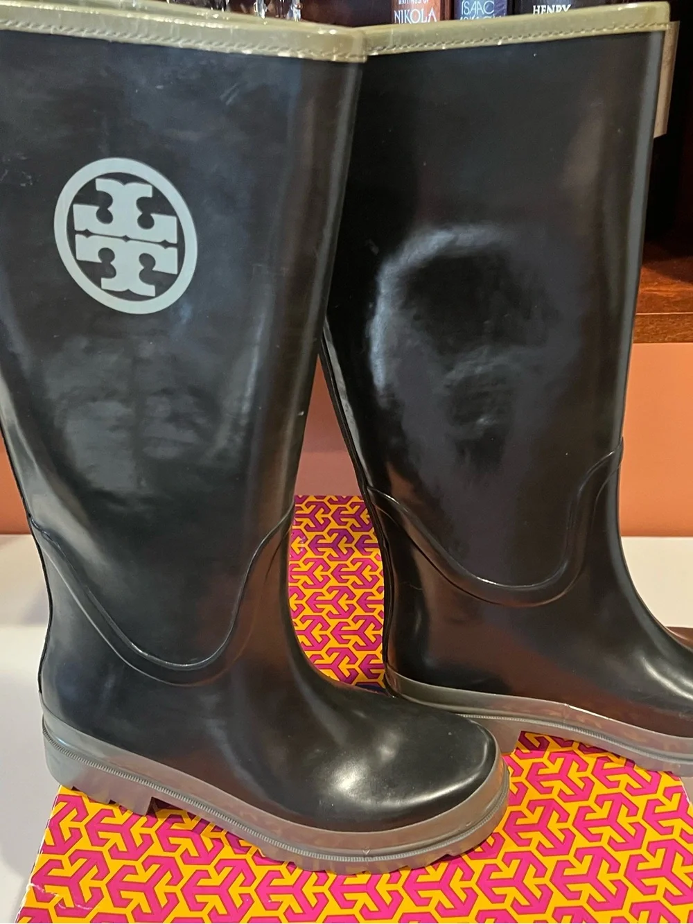 Tory Burch Black Rain Boots with Grey Trim and Logo